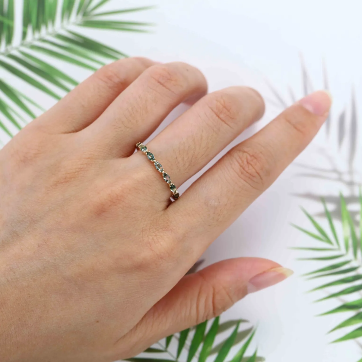10K Gold Marquise Cut Moss Agate Wedding Ring-2