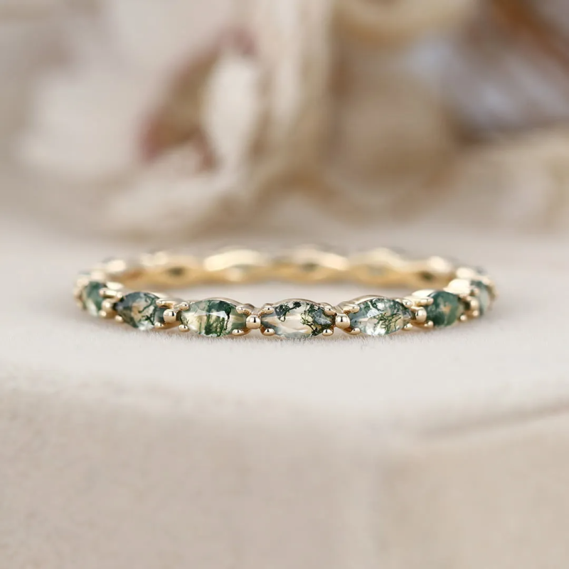 Sterling Silver with Yellow Gold Plated Marquise Cut Moss Agate Wedding Ring-3