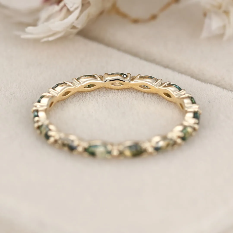 Sterling Silver with Yellow Gold Plated Marquise Cut Moss Agate Wedding Ring-4