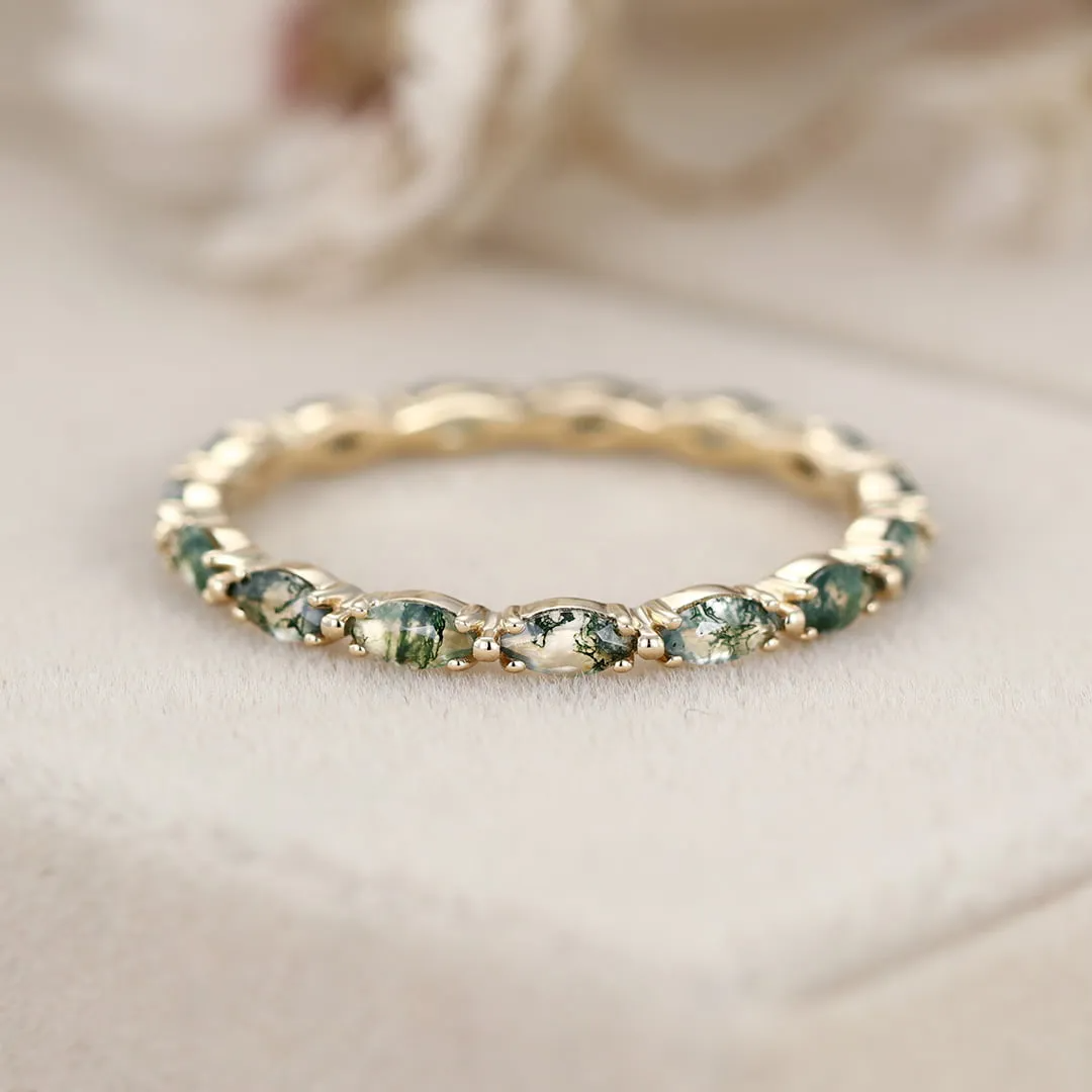 10K Gold Marquise Cut Moss Agate Wedding Ring-5