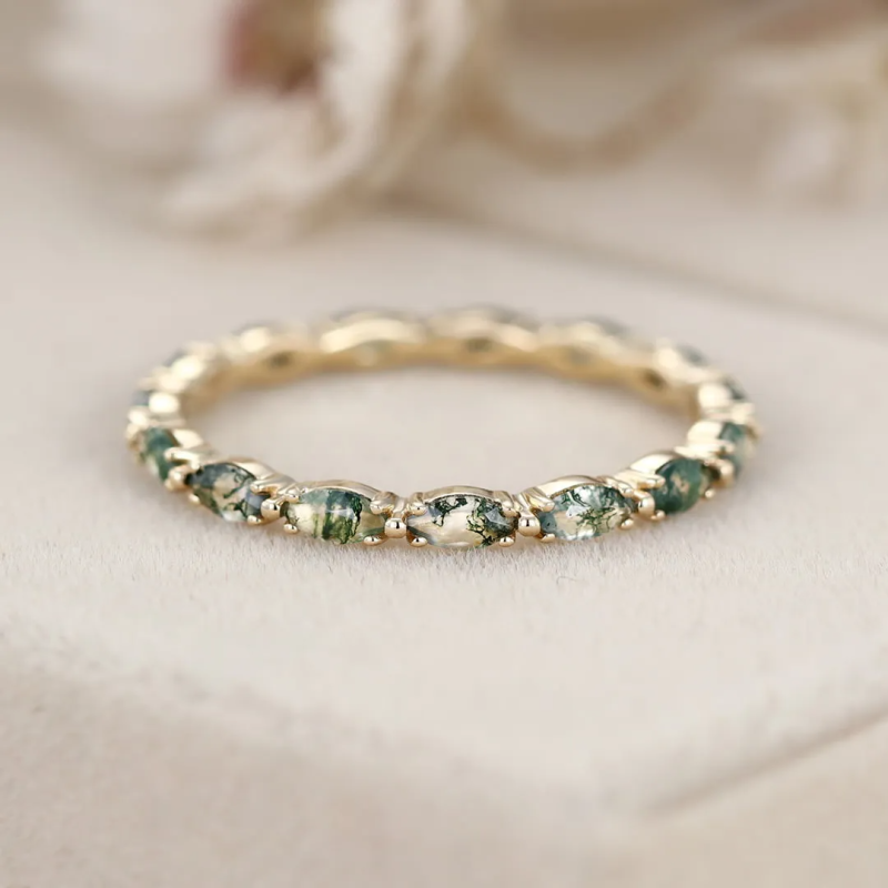 Sterling Silver with Yellow Gold Plated Marquise Cut Moss Agate Wedding Ring-5