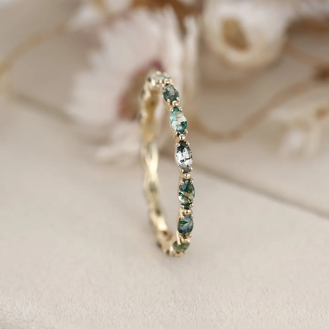 10K Gold Marquise Cut Moss Agate Wedding Ring-6