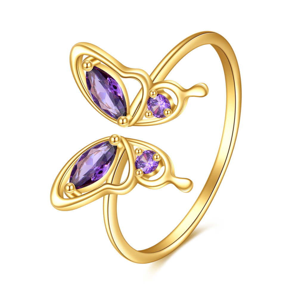 Anillo abierto de mariposa de cristal en forma de marquesa de oro de 14 quilates-1