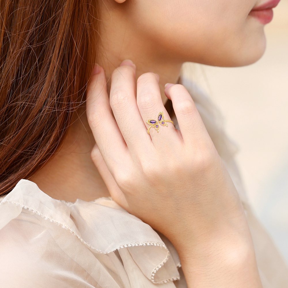 Anillo abierto de mariposa de cristal en forma de marquesa de oro de 14 quilates-2