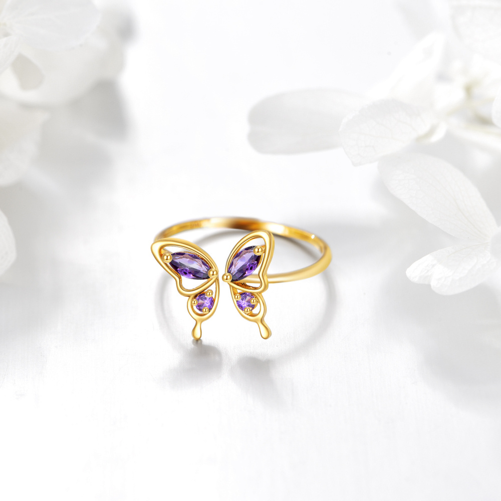 Anillo abierto de mariposa de cristal en forma de marquesa de oro de 14 quilates-3