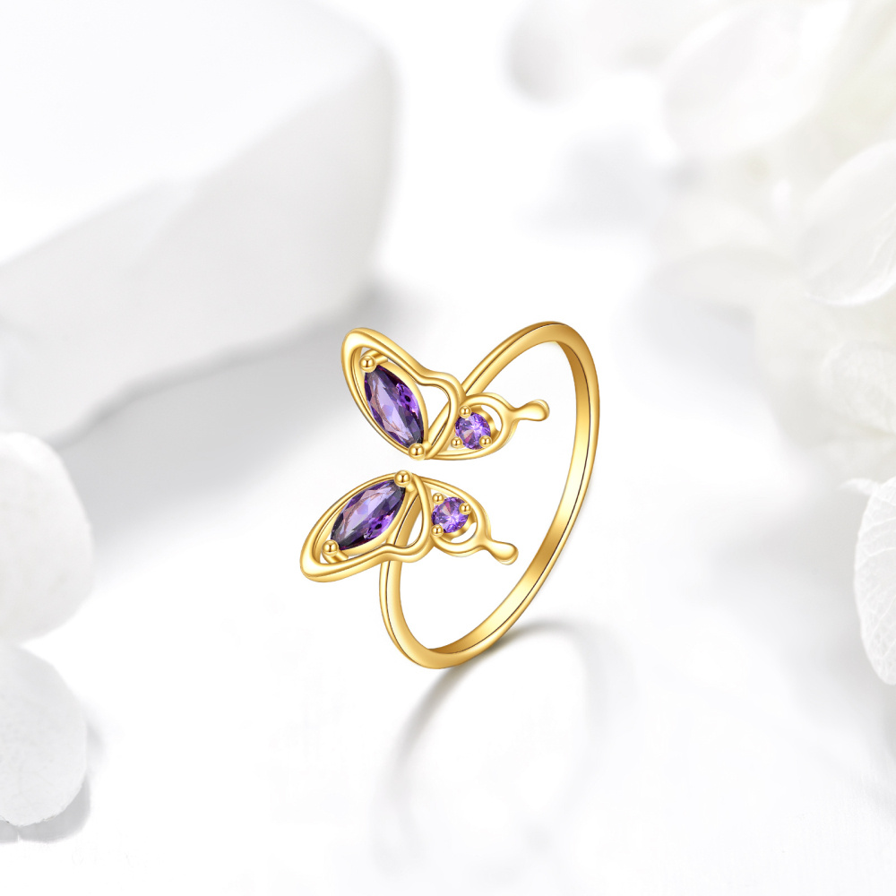 Anillo abierto de mariposa de cristal en forma de marquesa de oro de 14 quilates-4