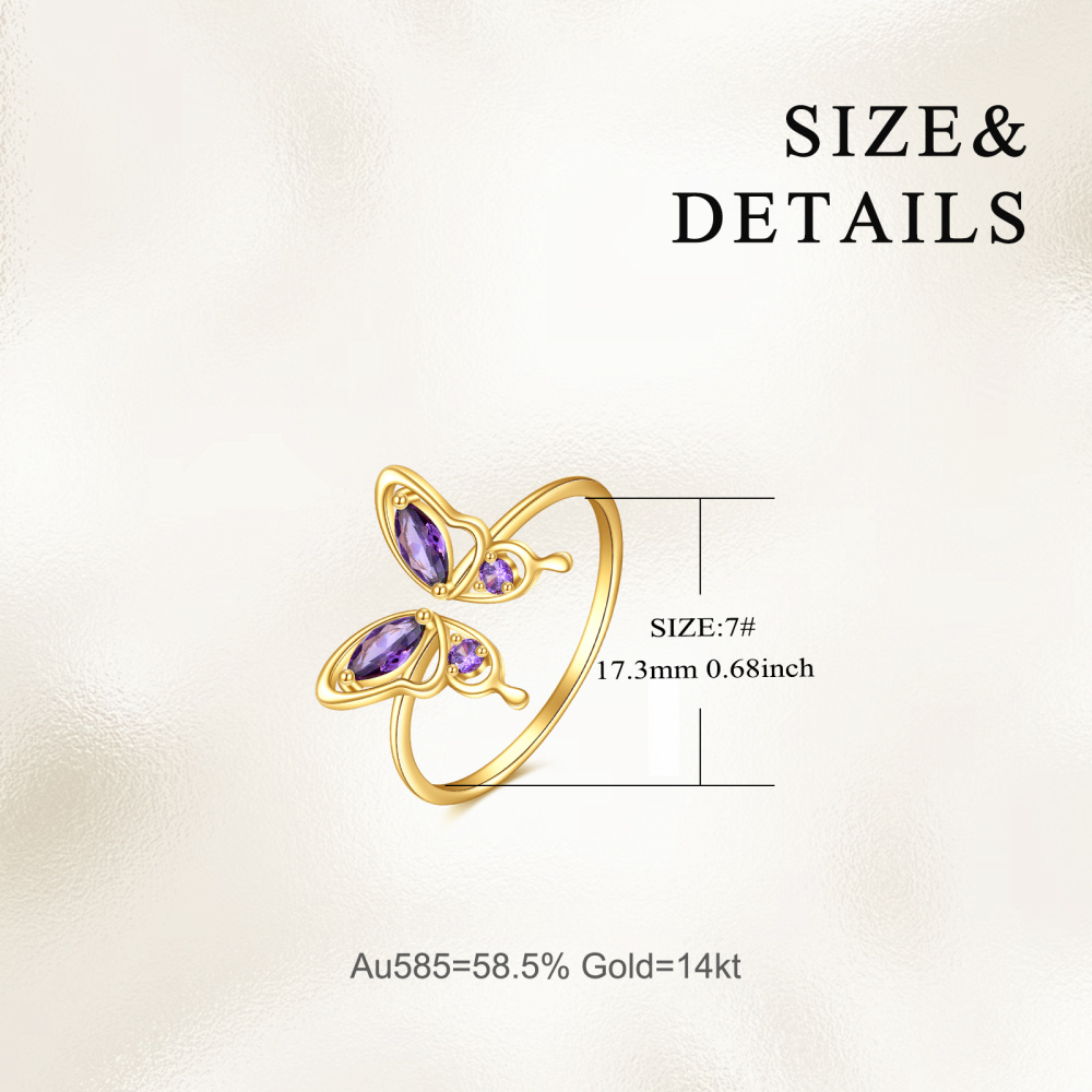 Anillo abierto de mariposa de cristal en forma de marquesa de oro de 14 quilates-5