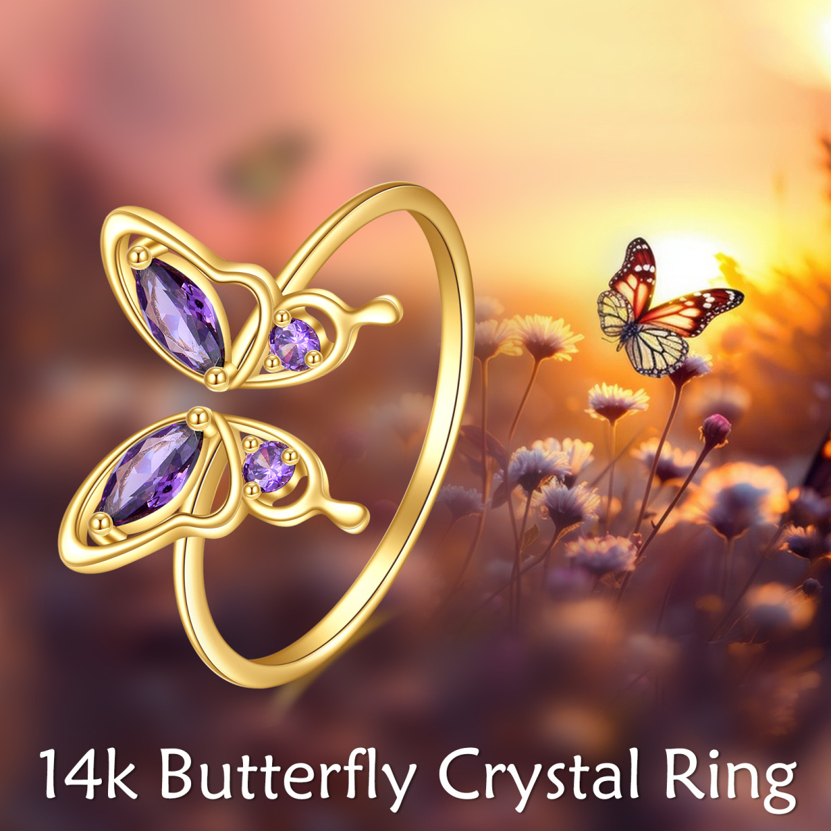 10K Gold Marquise Shaped Crystal Butterfly Open Ring-6