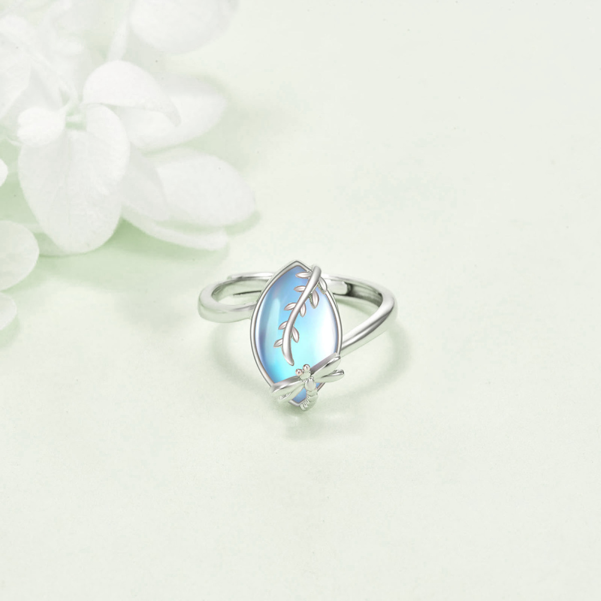 Sterling Silver Marquise Shaped Moonstone Dragonfly Open Ring-4