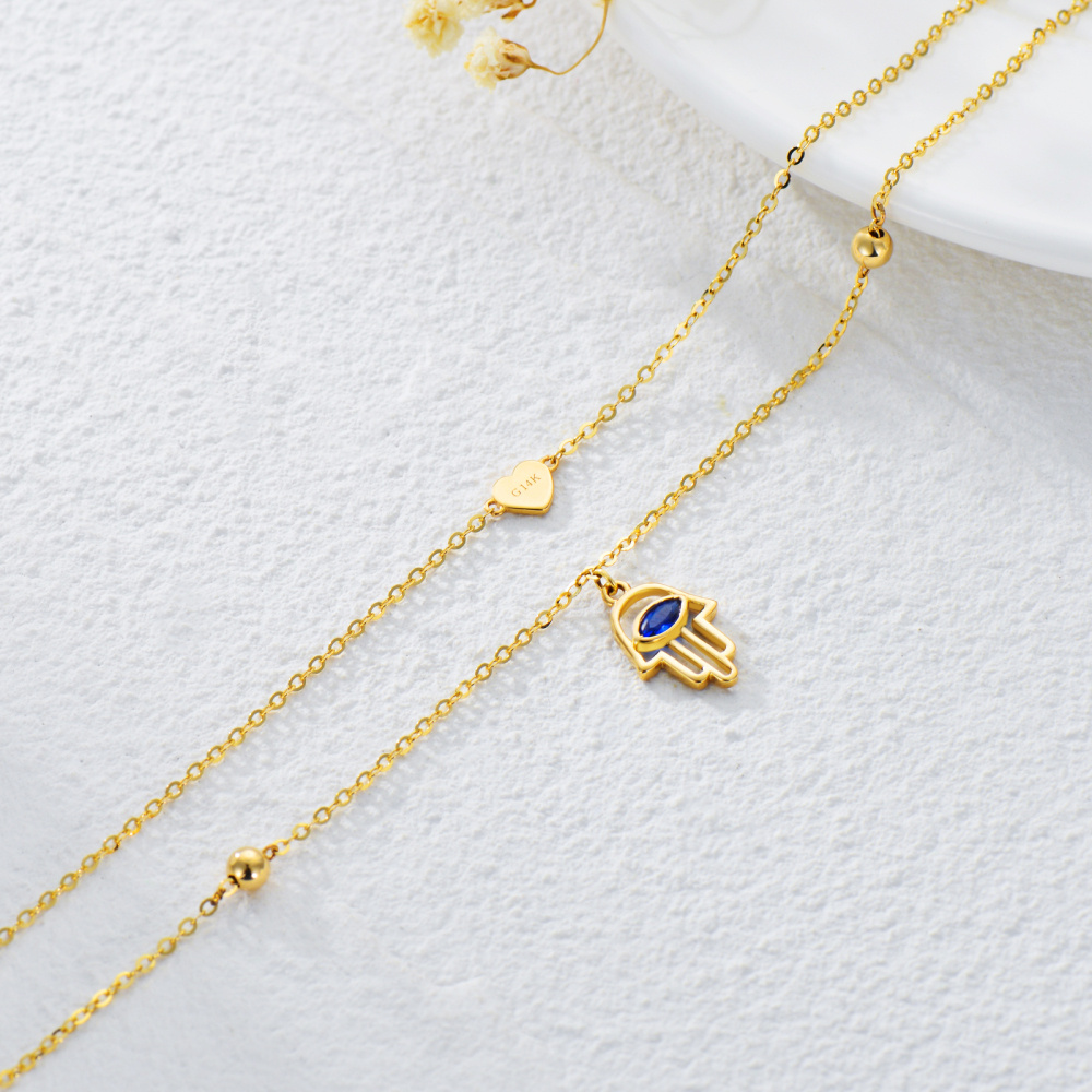 10K Goud Marquise Vormige Cubic Zirconia Hamsa Hand & Hart Gelaagd Enkelbandje-3