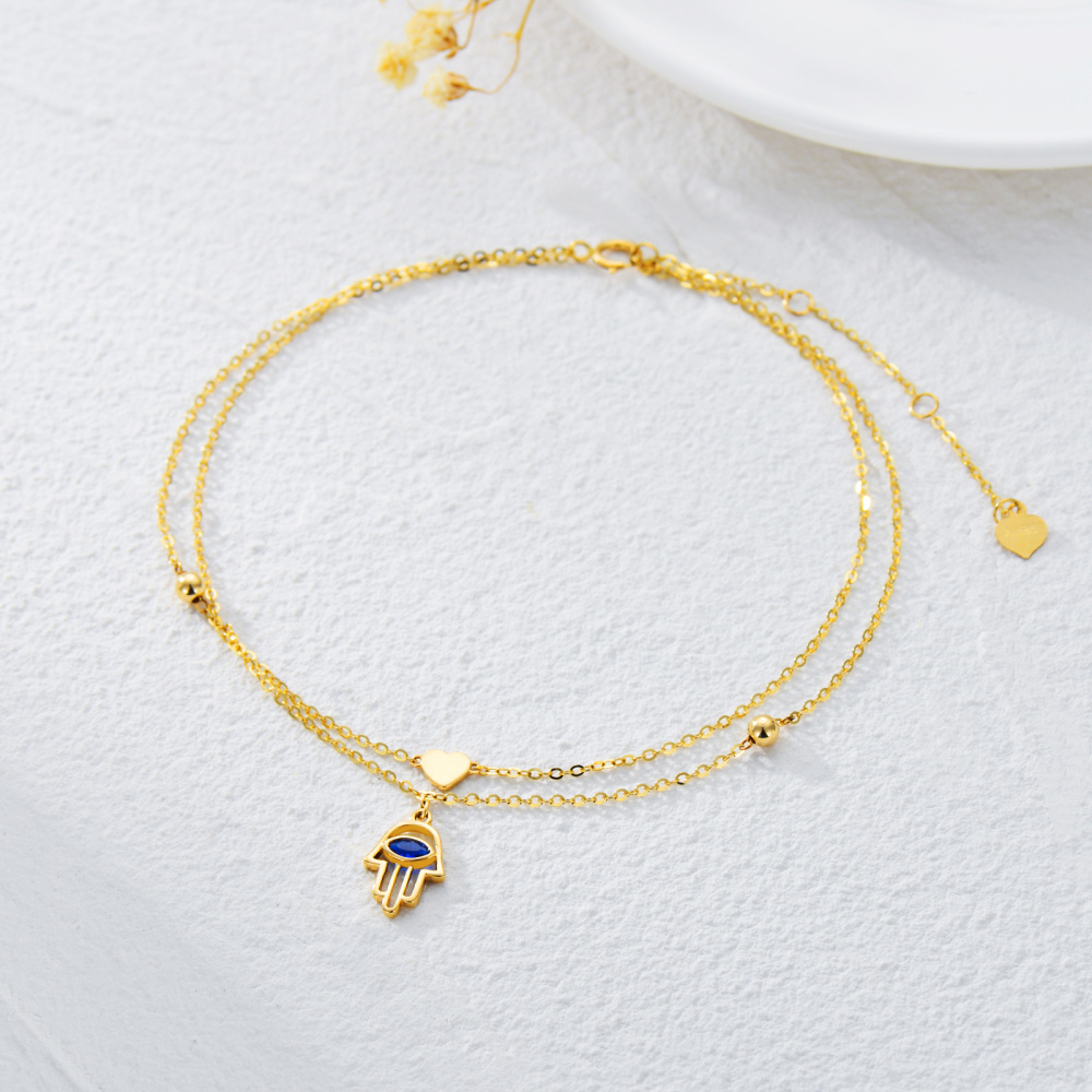 10K Goud Marquise Vormige Cubic Zirconia Hamsa Hand & Hart Gelaagd Enkelbandje-4