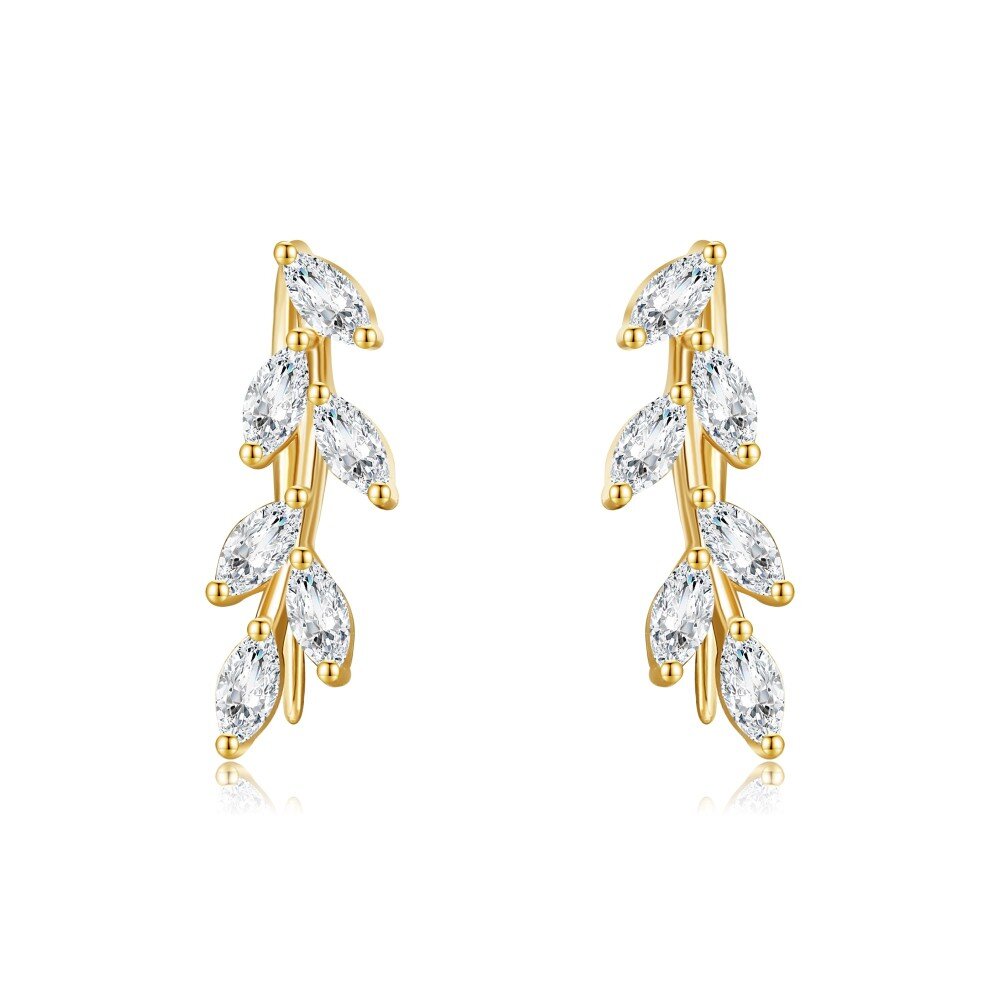 10K Gold Marquise Shaped Cubic Zirconia Leaves Climber Earrings-1