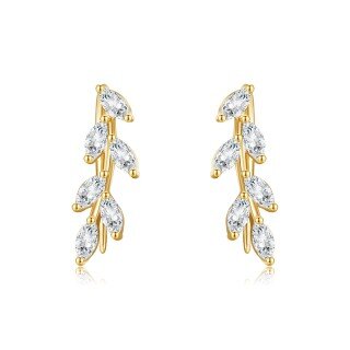 14K Gold Marquise Shaped Cubic Zirconia Leaves Climber Earrings-1