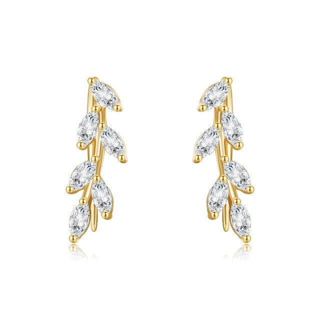 14K Gold Marquise Shaped Cubic Zirconia Leaves Climber Earrings-1