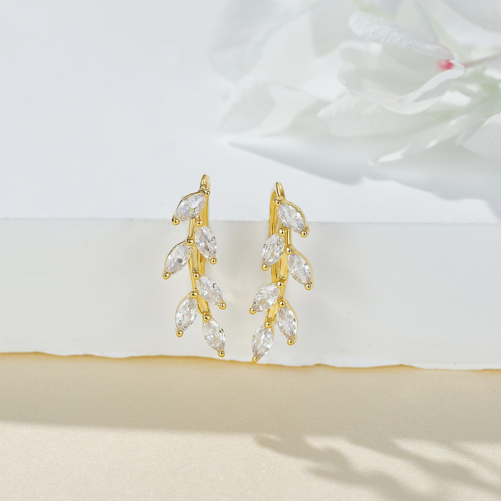 10K Gold Marquise Shaped Cubic Zirconia Leaves Climber Earrings-3
