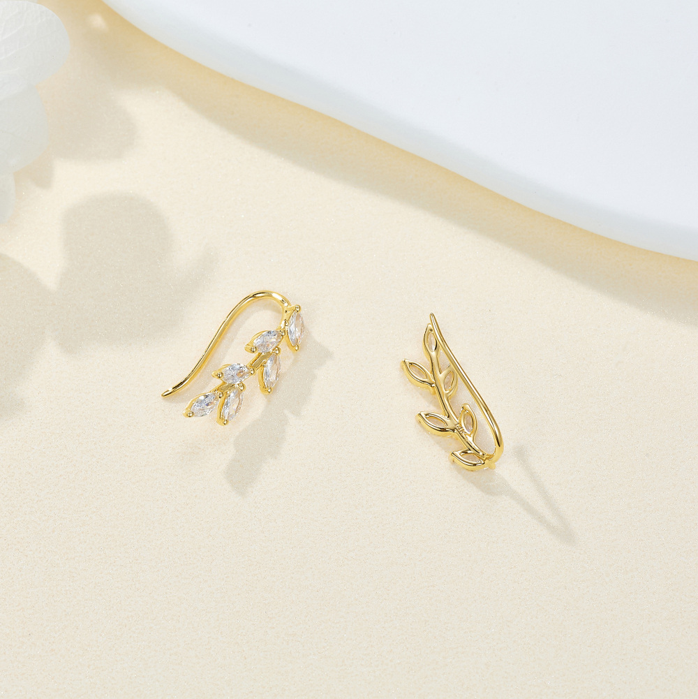 10K Gold Marquise Shaped Cubic Zirconia Leaves Climber Earrings-4