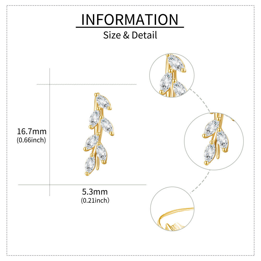 10K Gold Marquise Shaped Cubic Zirconia Leaves Climber Earrings-5