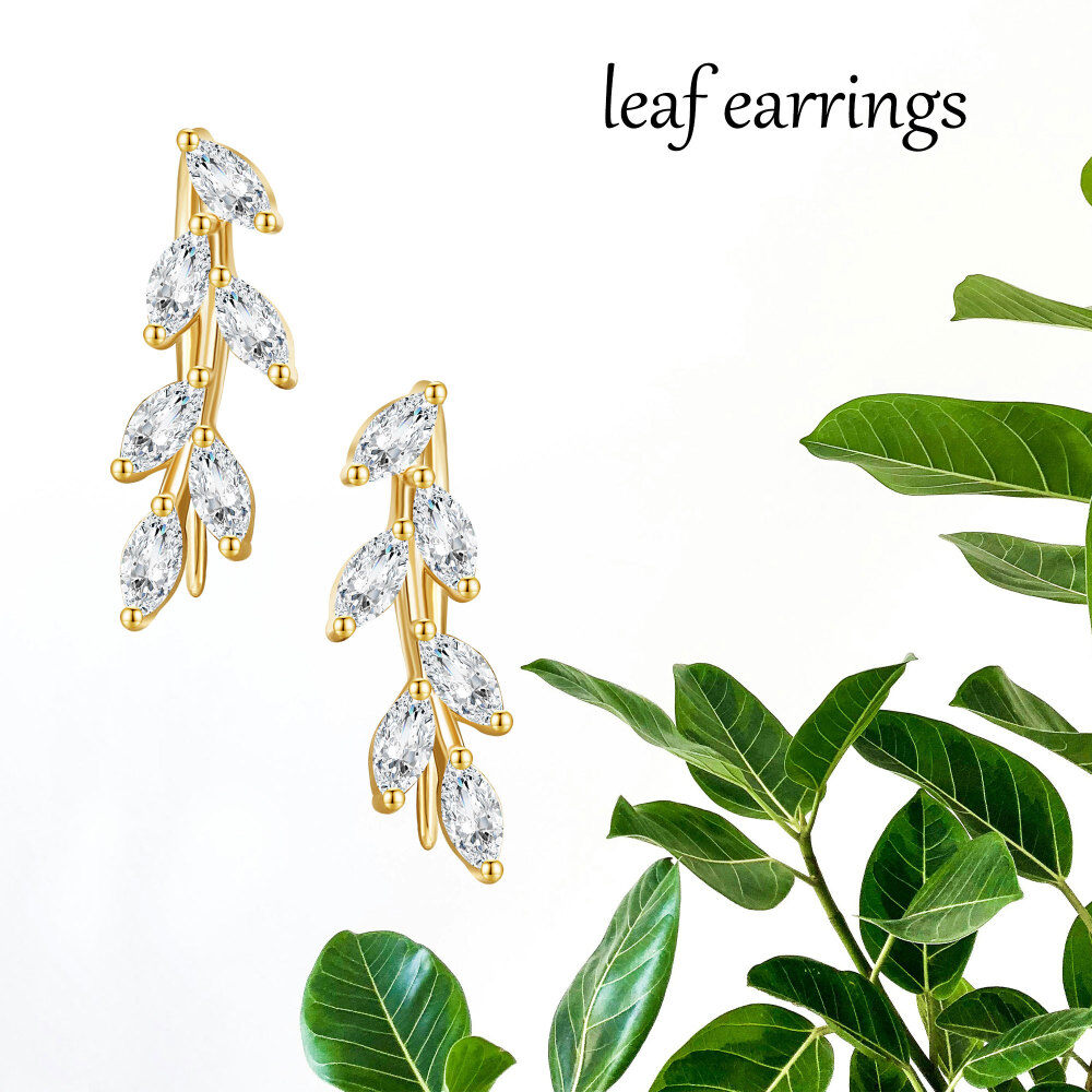 10K Gold Marquise Shaped Cubic Zirconia Leaves Climber Earrings-6