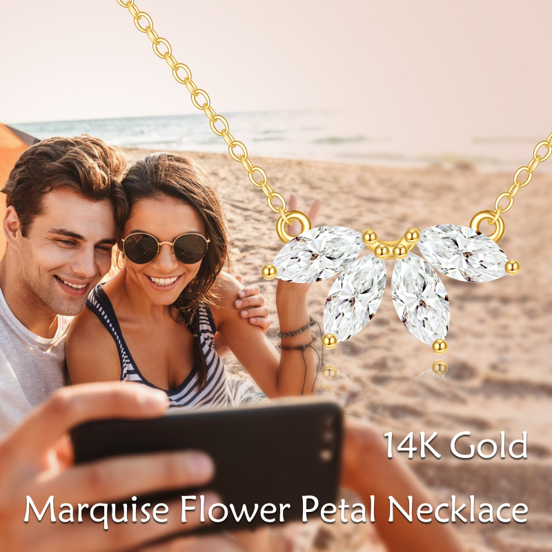 10K Gold Marquise Shaped Zircon Marquis Flower Pendant Necklace-6