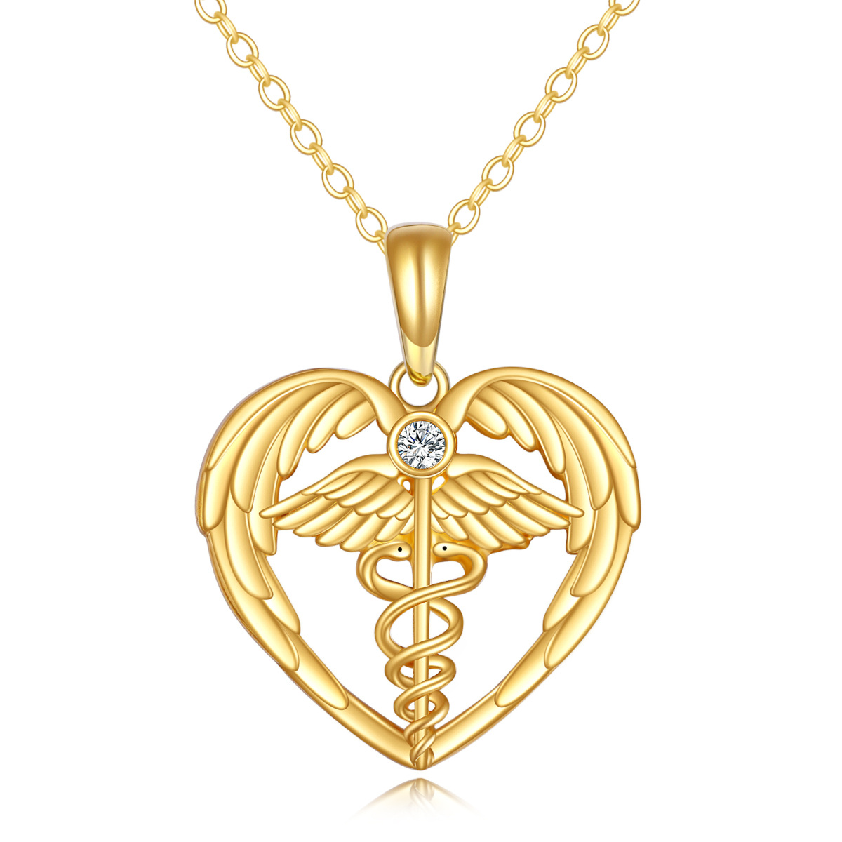 14K Oro Cúbico Zirconia Cetro de Mercurio Angel Wing & Heart Collar Colgante-1