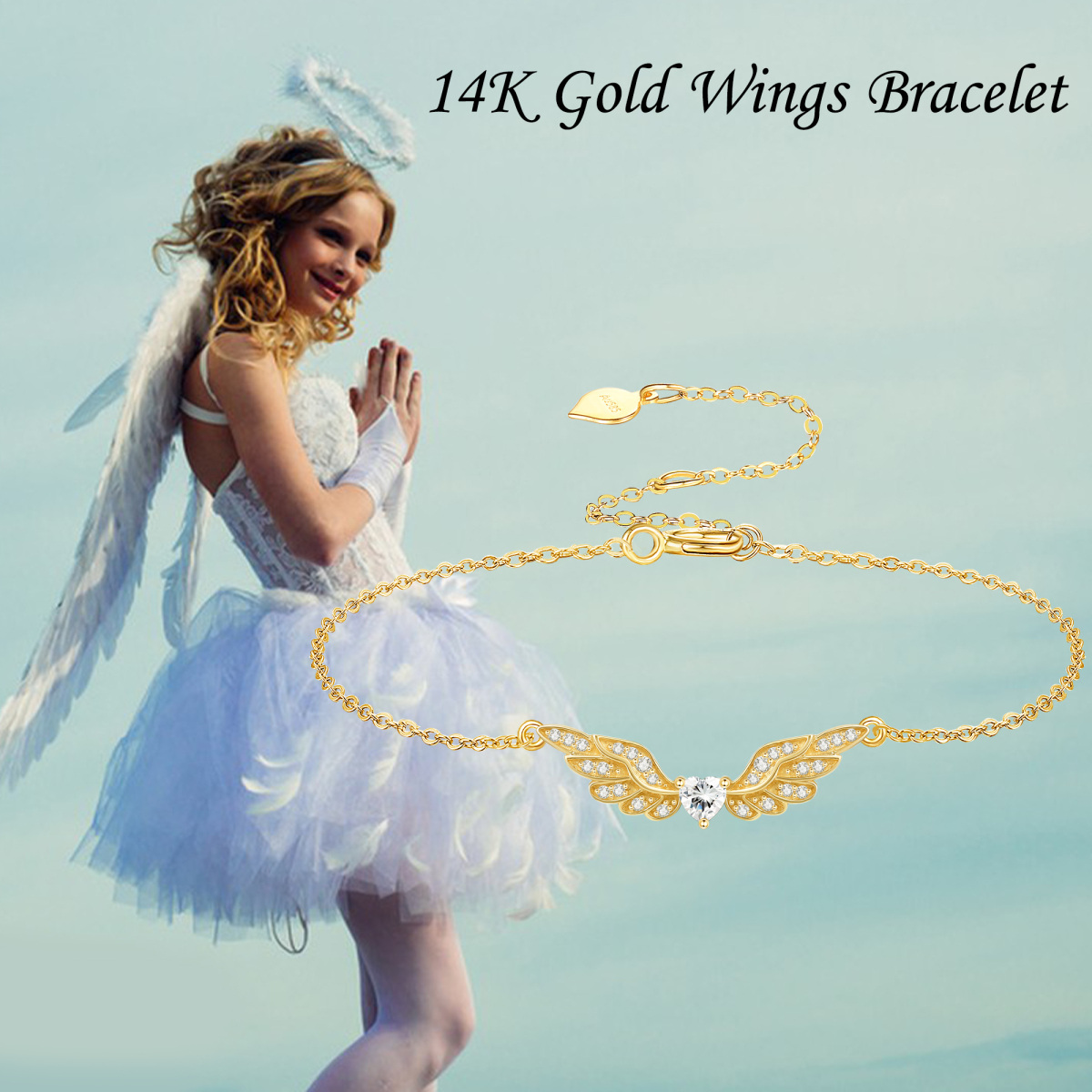 10K Gold Moissanite Angel Wing Pendant Bracelet for Women-7