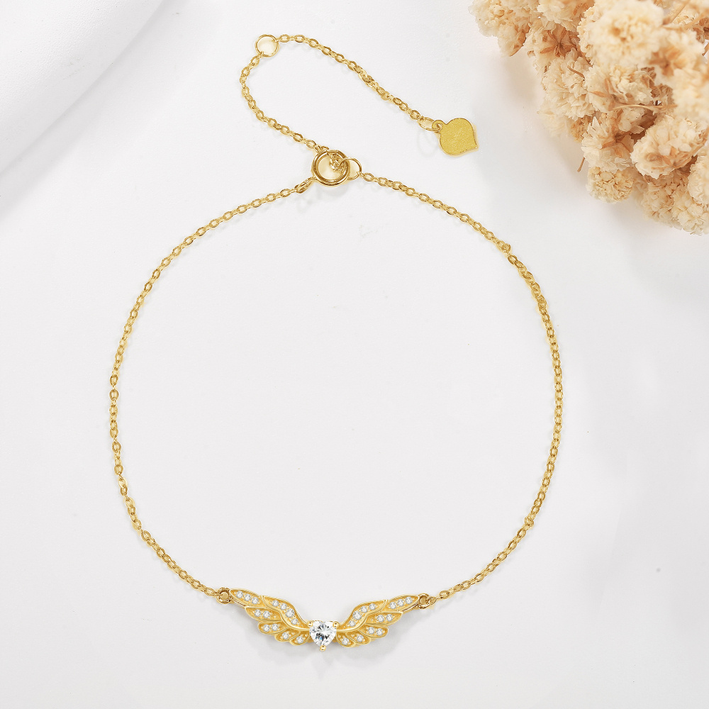 Pulseira com pingente de asa de anjo de moissanite de ouro 10K para mulheres-4