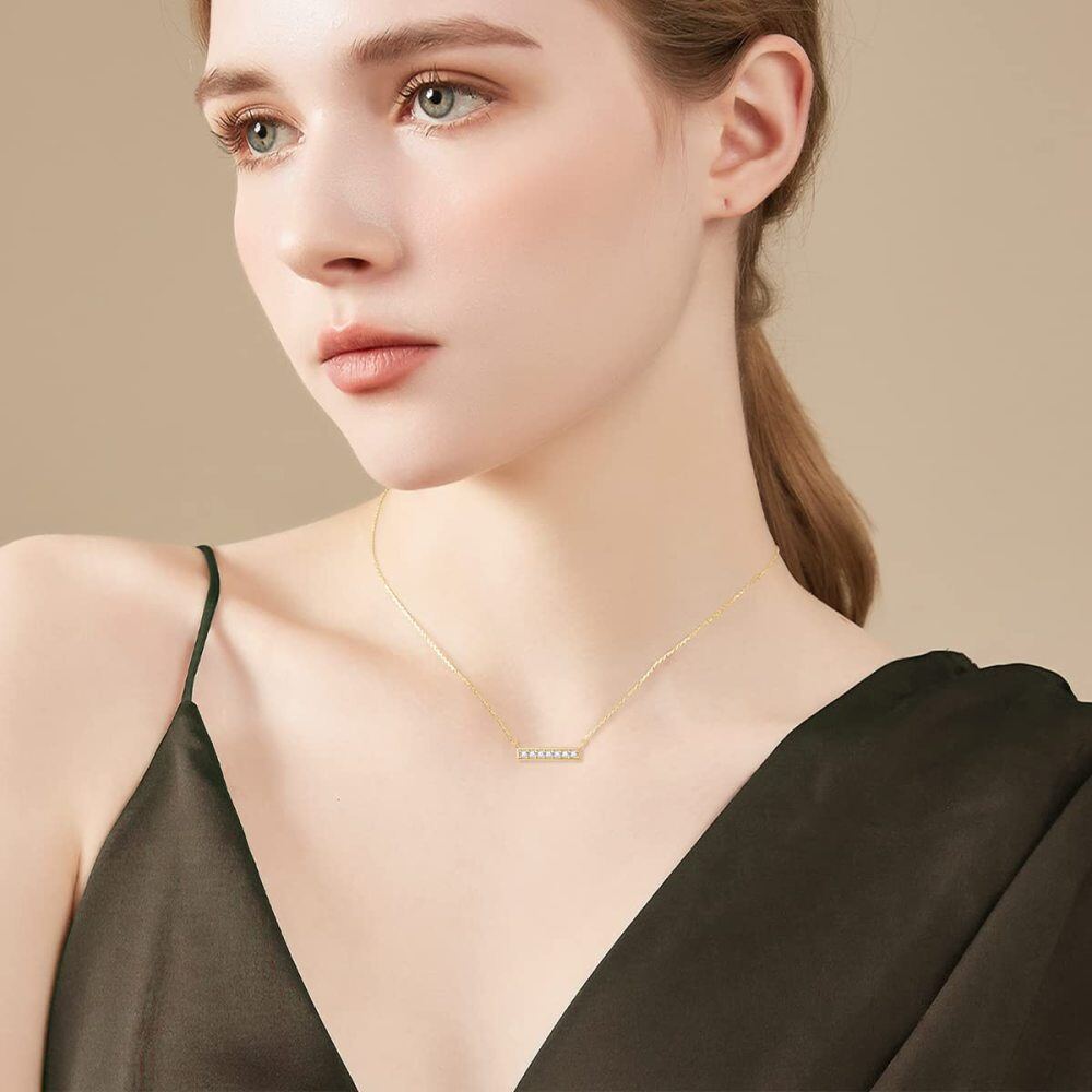 10K Gold Moissanite Bar Pendant Necklace-2