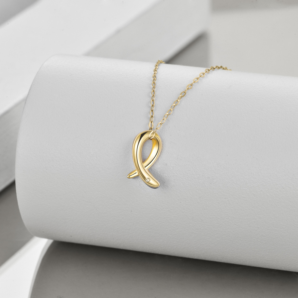 10K Gold Moissanite Breast Cancer Pendant Necklace-3