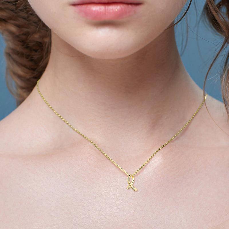 10K Gold Moissanite Breast Cancer Pendant Necklace-5