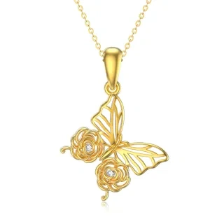 10K Gold Moissanite Butterfly & Rose Pendant Necklace-18