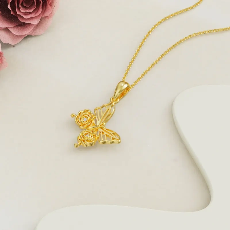 10K Gold Moissanite Butterfly & Rose Pendant Necklace-3