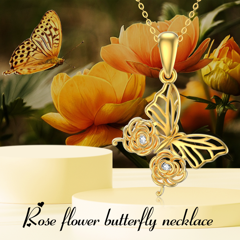 10K Gold Moissanite Butterfly & Rose Pendant Necklace-4