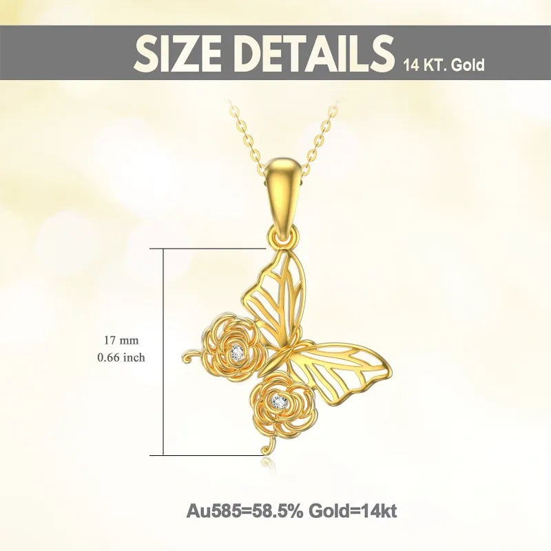 10K Gold Moissanite Butterfly & Rose Pendant Necklace-5
