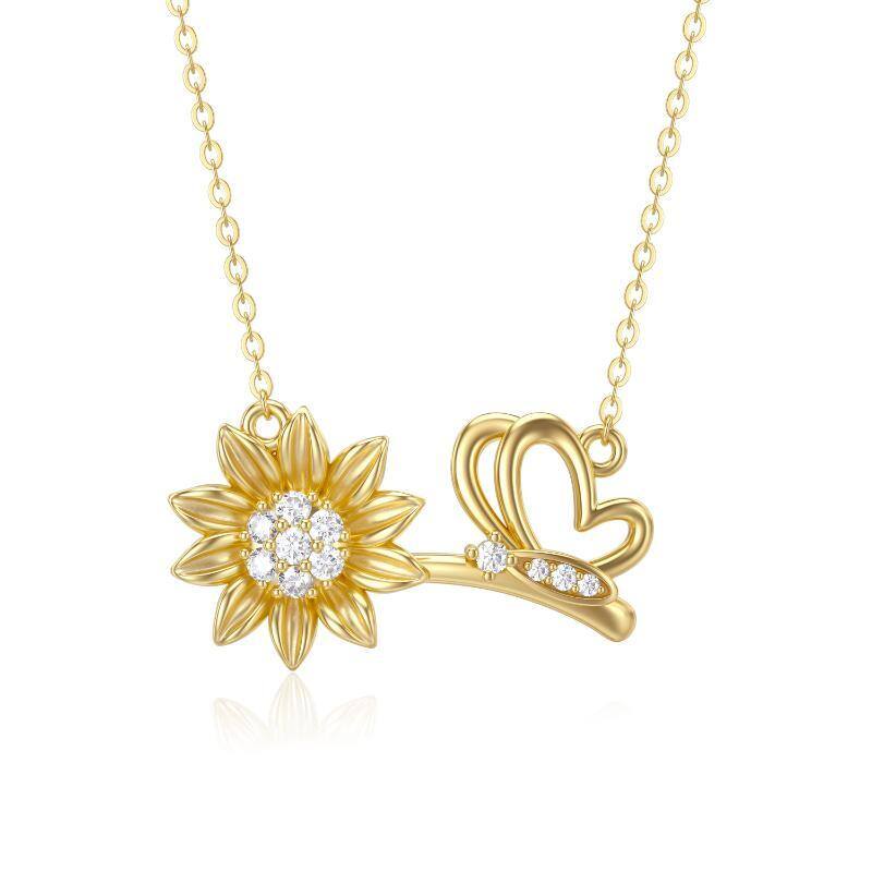 14K Gold Moissanite Butterfly & Sunflower Pendant Necklace-1