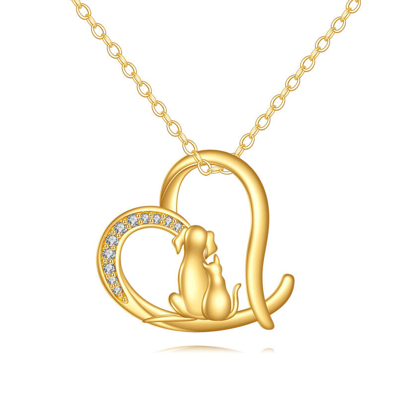 14K Gold Moissanite Cat & Dog & Heart Pendant Necklace-18
