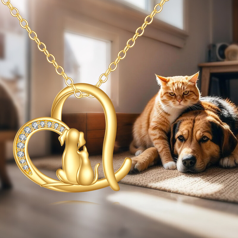 14K Gold Moissanite Cat & Dog & Heart Pendant Necklace-4