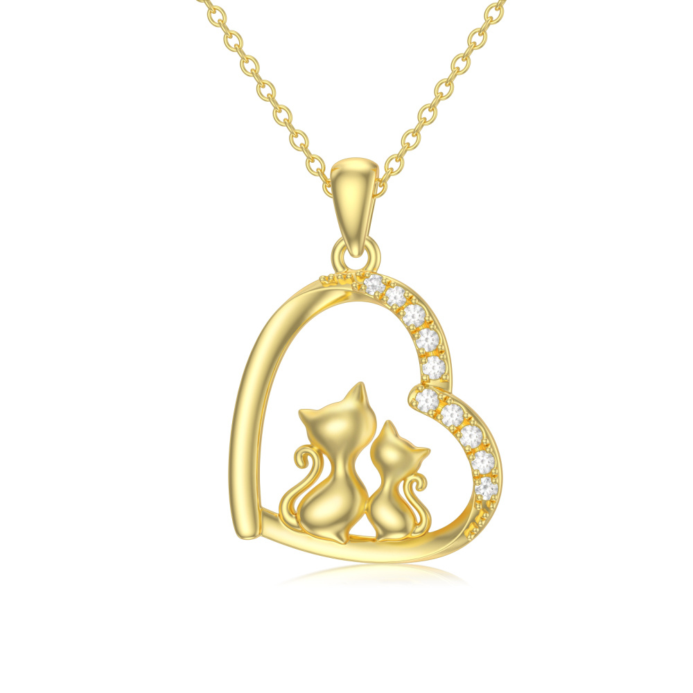 10K Gold Moissanite Cat & Heart Pendant Necklace-1