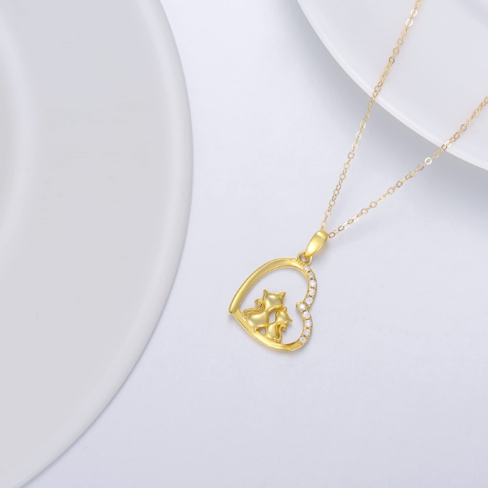 10K Gold Moissanite Cat & Heart Pendant Necklace-3