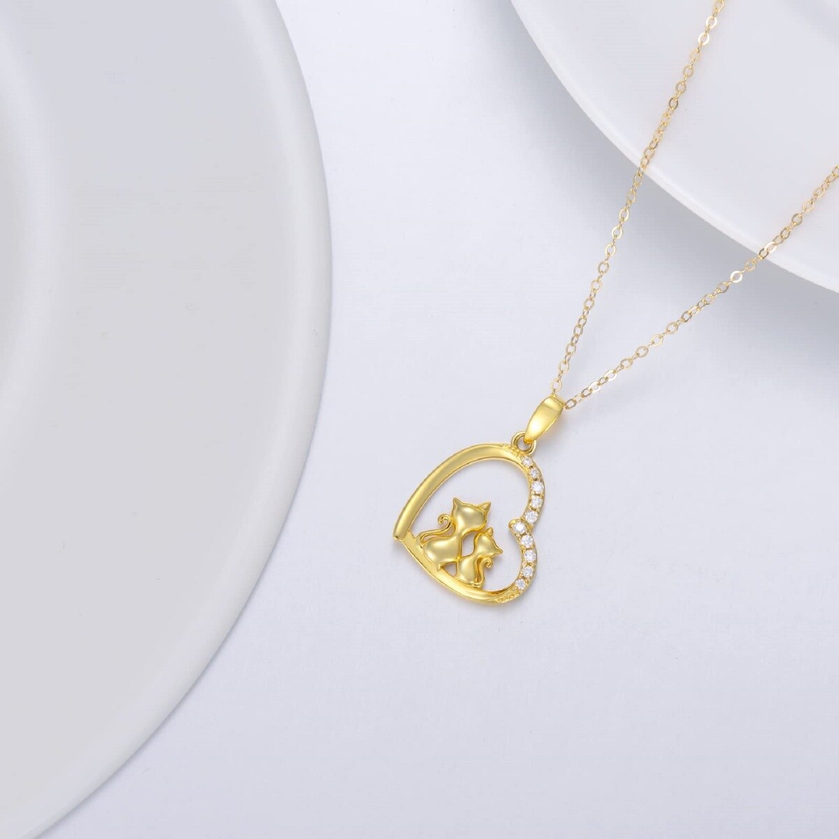 14K Gold Moissanite Cat & Heart Pendant Necklace-3