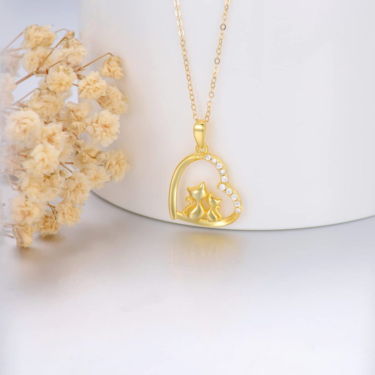 14K Gold Moissanite Cat & Heart Pendant Necklace-4