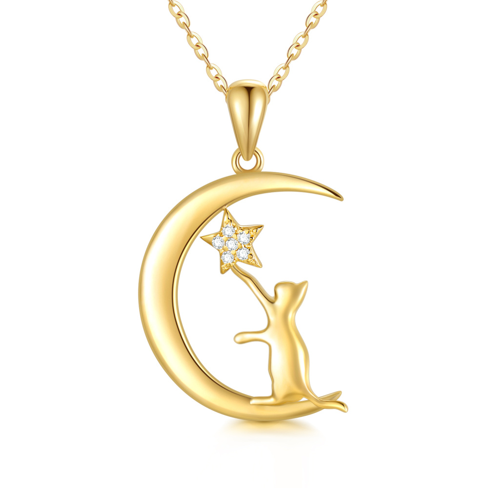10K Gold Moissanite Cat & Moon Pendant Necklace-1