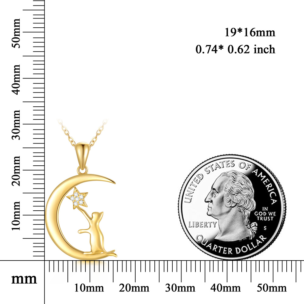 10K Gold Moissanite Cat & Moon Pendant Necklace-3