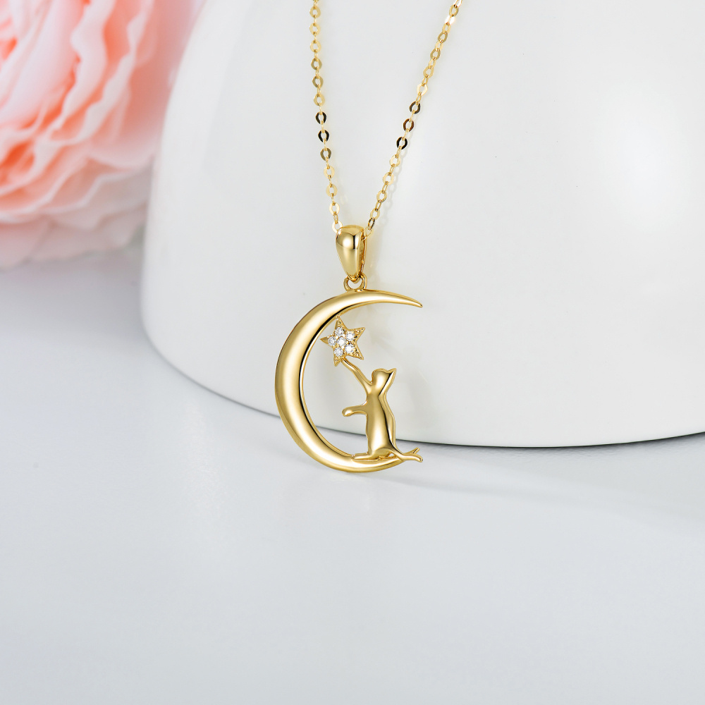 10K Gold Moissanite Cat & Moon Pendant Necklace-4