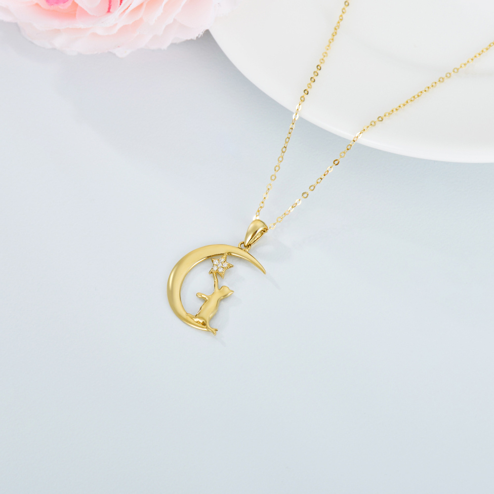 10K Gold Moissanite Cat & Moon Pendant Necklace-5