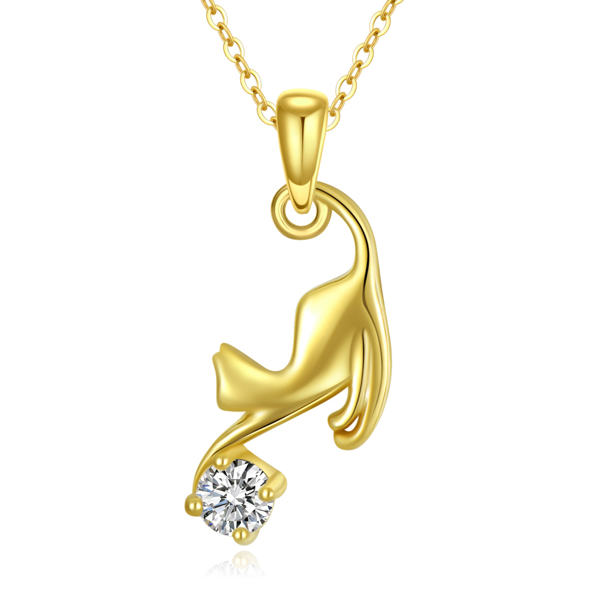 Collier avec pendentif en forme de chat en or 14 carats et moissanite-1