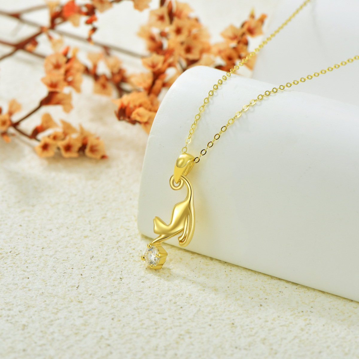 18K Gold Moissanite Cat Pendant Necklace-3