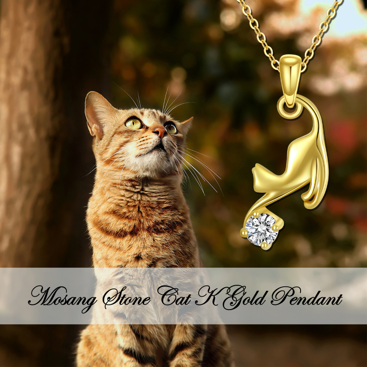 Colar com pingente de gato de moissanita de ouro 18K-4