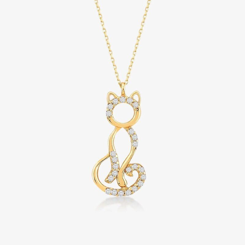 10K Gold Moissanite Cat Pendant Necklace-1
