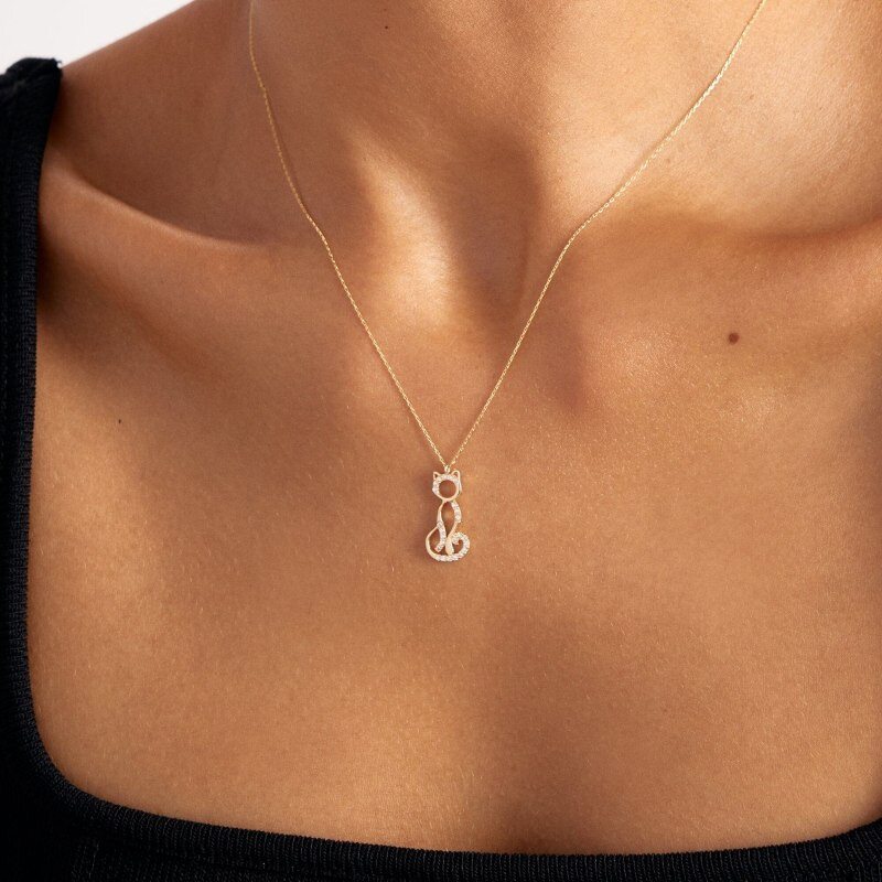 10K Gold Moissanite Cat Pendant Necklace-2
