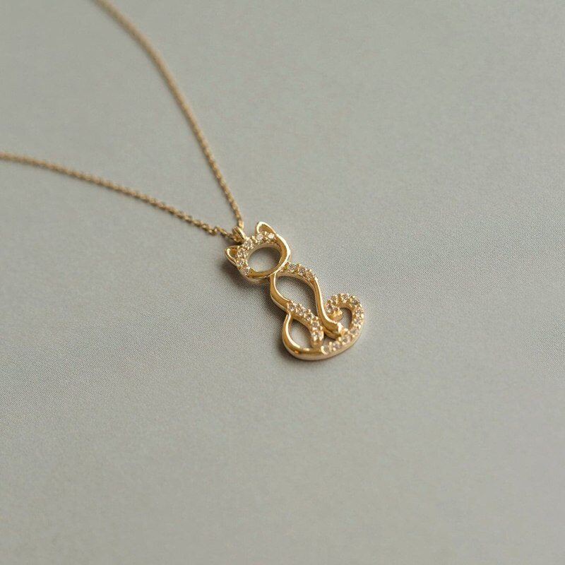 10K Gold Moissanite Cat Pendant Necklace-3